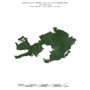 Pulau Gam in the South Pacific Ocean, belonging to Indonesia, isolated on a satellite image taken in May 27, 2023, with distance scale clipart