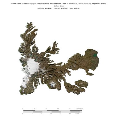 Grande-Terre Island in the Indian Ocean, belonging to French Southern and Antarctic Lands, isolated on a satellite image taken in March 9, 2017, with distance scale clipart