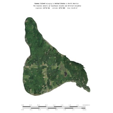 Guemes Island in the The Coastal Waters of Southeast Alaska and British Columbia, belonging to United States, isolated on a satellite image taken in February 24, 2023, with distance scale clipart