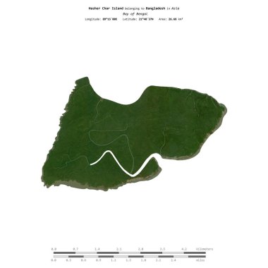 Hasher Char Island in the Bay of Bengal, belonging to Bangladesh, isolated on a satellite image taken in January 1, 2024, with distance scale clipart