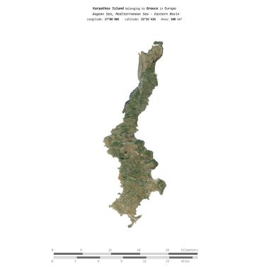 Yunanistan 'a ait Ege Denizi' ndeki Karpathos Adası, 9 Ekim 2023 'te uzaklık ölçeğinde çekilmiş bir uydu görüntüsü ile izole edilmiştir.