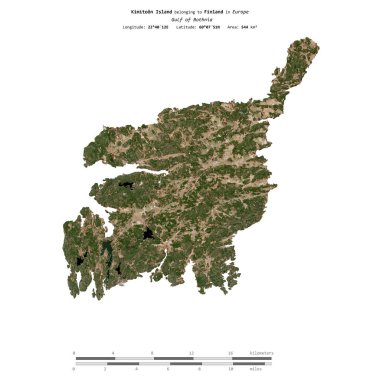 Kimitoon Island in the Gulf of Bothnia, belonging to Finland, isolated on a satellite image taken in October 6, 2020, with distance scale clipart