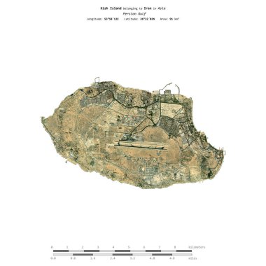 Kish Island in the Persian Gulf, belonging to Iran, isolated on a satellite image taken in December 27, 2023, with distance scale clipart