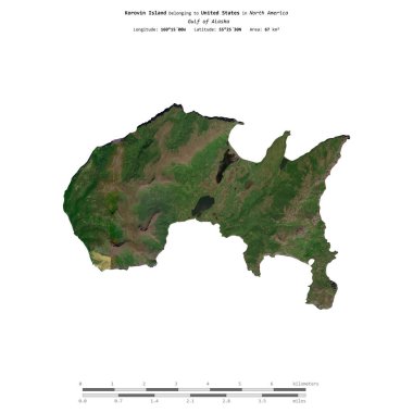 Korovin Island in the Gulf of Alaska, belonging to United States, isolated on a satellite image taken in June 17, 2023, with distance scale clipart