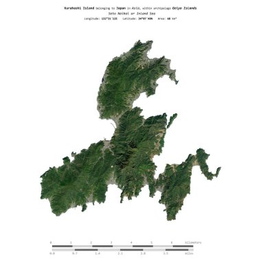 Kurahashi Island in the Seto Naikai or Inland Sea, belonging to Japan, isolated on a satellite image taken in November 2, 2023, with distance scale clipart