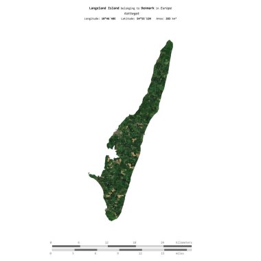 Langeland Island in the Kattegat, belonging to Denmark, isolated on a satellite image taken in June 8, 2021, with distance scale clipart