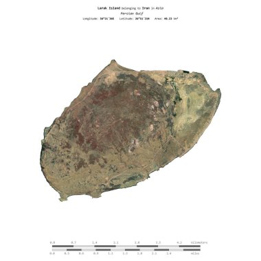 Larak Island in the Persian Gulf, belonging to Iran, isolated on a satellite image taken in November 9, 2023, with distance scale clipart