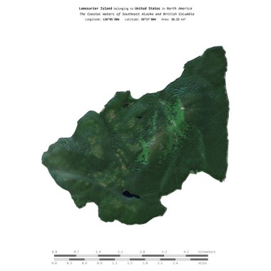 Güneydoğu Alaska ve Britanya Kolumbiyası 'nın sahil sularındaki Lemesurier Adası, 19 Haziran 2018' de çekilmiş bir uydu görüntüsüyle izole edilmiştir.