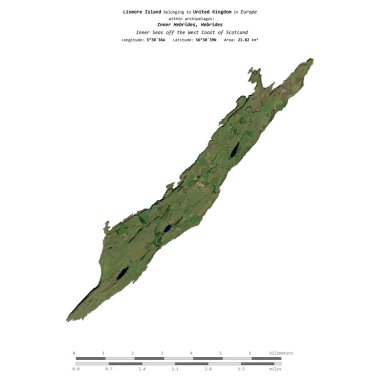 İskoçya 'nın batı kıyısındaki iç denizlerdeki Lismore Adası, Birleşik Krallık' a ait, 4 Haziran 2023 tarihli uydu görüntüsü ile izole edilmiş,
