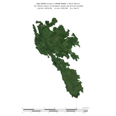 Amerika Birleşik Devletleri 'ne ait olan Güneydoğu Alaska ve Britanya Kolumbiyası' nın Sahil Suları 'ndaki Long Island, 29 Ağustos 2019' da çekilmiş bir uydu görüntüsüyle izole edilmiştir.