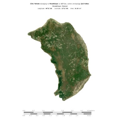 Mozambik Kanalı 'ndaki Ilha Matemo, 1 Temmuz 2021' de, uzaklık ölçeğinde bir uydu görüntüsü ile izole edilmiştir.