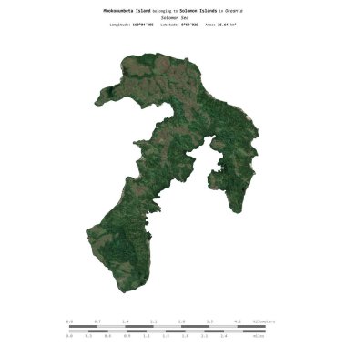 Solomon Adaları 'na ait Solomon Denizi' ndeki Mbokonumbeta Adası, 14 Temmuz 2021 'de uzaklık ölçeğinde çekilmiş bir uydu görüntüsüyle izole edilmiştir.