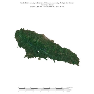 Moheli Island in the Mozambique Channel, belonging to Comoros, isolated on a satellite image taken in June 9, 2018, with distance scale clipart