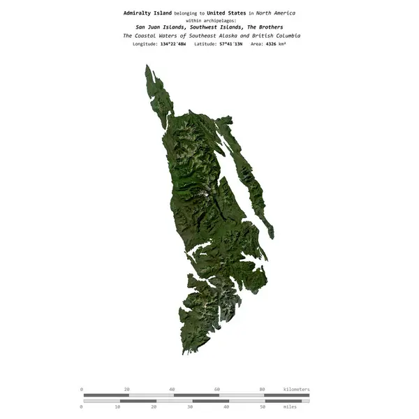 stock image Admiralty Island in the The Coastal Waters of Southeast Alaska and British Columbia, belonging to United States, isolated on a satellite image taken in September 14, 2020, with distance scale