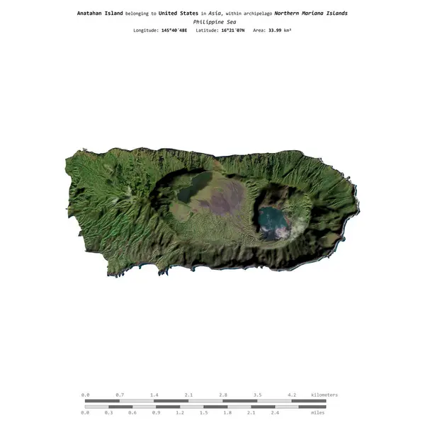 stock image Anatahan Island in the Philippine Sea, belonging to United States, isolated on a satellite image taken in December 28, 2023, with distance scale