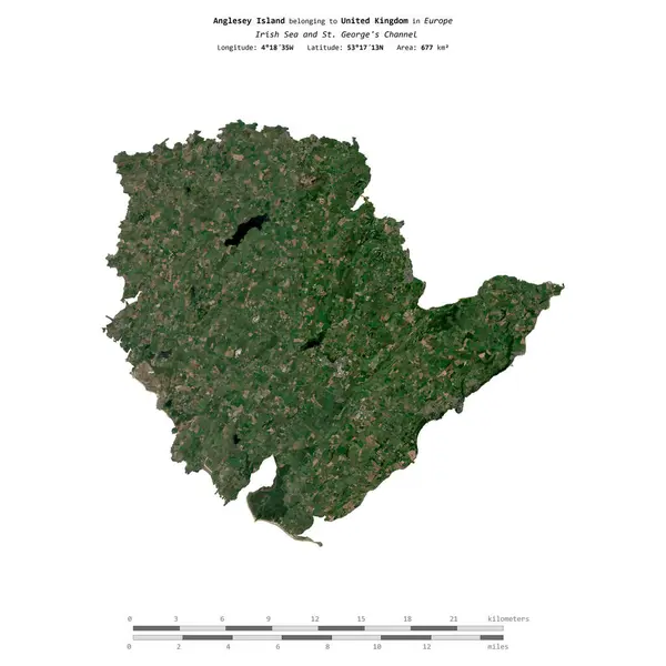 stock image Anglesey Island in the Irish Sea and St. George's Channel, belonging to United Kingdom, isolated on a satellite image taken in July 21, 2021, with distance scale