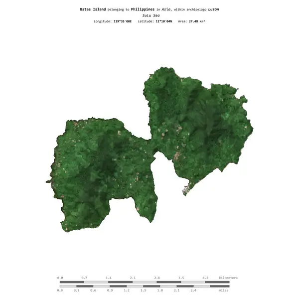 stock image Batas Island in the Sulu Sea, belonging to Philippines, isolated on a satellite image taken in October 29, 2020, with distance scale