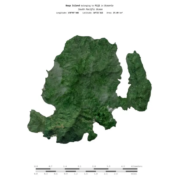 stock image Beqa Island in the South Pacific Ocean, belonging to Fiji, isolated on a satellite image taken in May 20, 2024, with distance scale