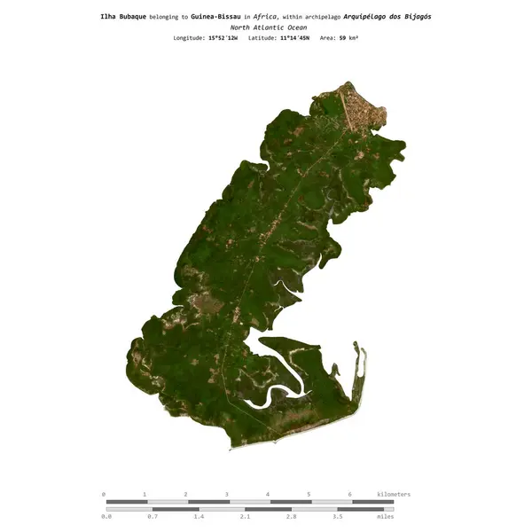 stock image Ilha Bubaque in the North Atlantic Ocean, belonging to Guinea-Bissau, isolated on a satellite image taken in February 3, 2024, with distance scale