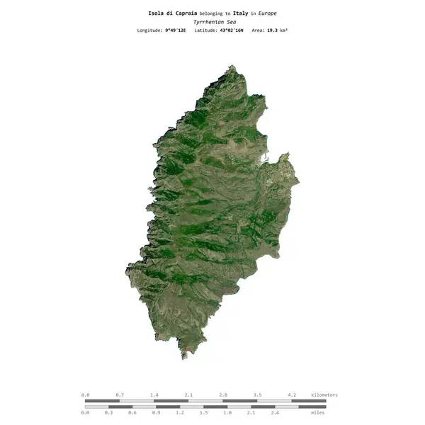 stock image Isola di Capraia in the Tyrrhenian Sea, belonging to Italy, isolated on a satellite image taken in June 6, 2024, with distance scale