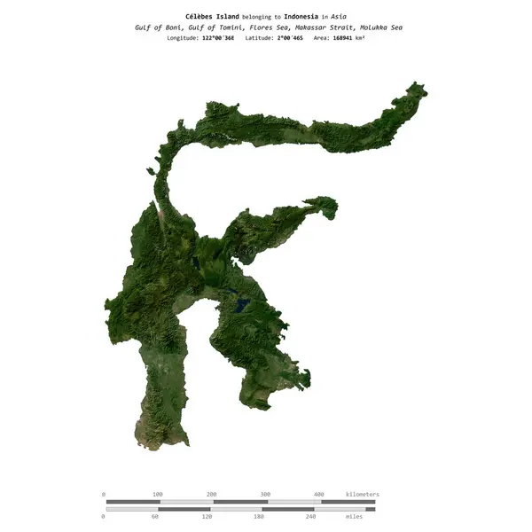 stock image Celebes Island in the Java Sea, belonging to Indonesia, isolated on a satellite image taken in September 9, 2018, with distance scale