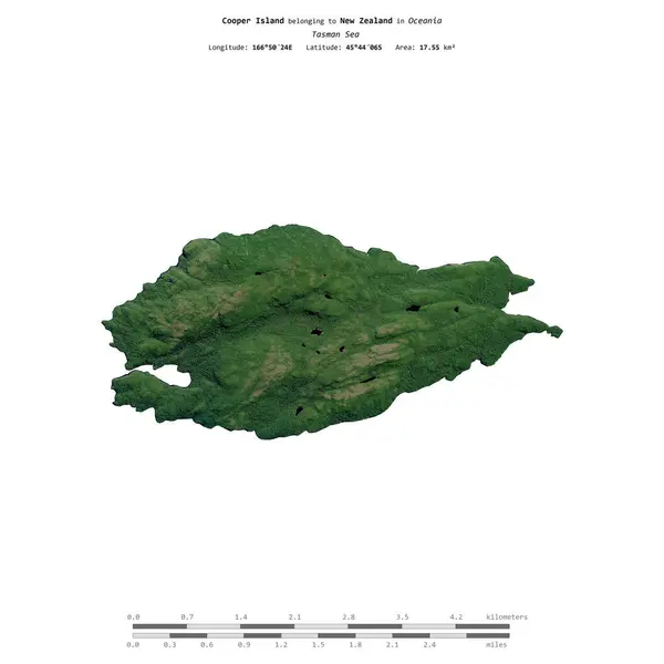 stock image Cooper Island in the Tasman Sea, belonging to New Zealand, isolated on a satellite image taken in February 3, 2021, with distance scale