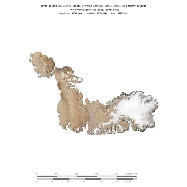 stock image Devon Island in the Baffin Bay, belonging to Canada, isolated on a satellite image taken in June 16, 2011, with distance scale