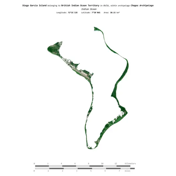 stock image Diego Garcia Island in the Indian Ocean, belonging to British Indian Ocean Territory, isolated on a satellite image taken in March 27, 2020, with distance scale