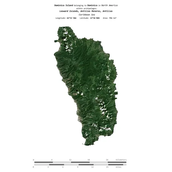 stock image Dominica Island in the Caribbean Sea, belonging to Dominica, isolated on a satellite image taken in January 27, 2020, with distance scale