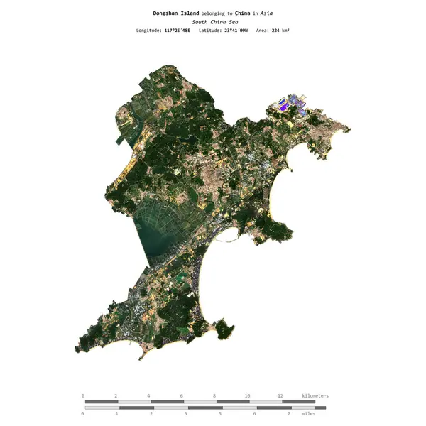 Stock image Dongshan Island in the South China Sea, belonging to China, isolated on a satellite image taken in November 4, 2023, with distance scale