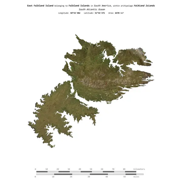 stock image East Falkland Island in the South Atlantic Ocean, belonging to Falkland Islands, isolated on a satellite image taken in November 15, 2022, with distance scale