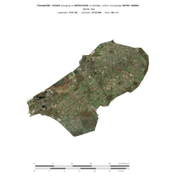 stock image Flevopolder Island in the North Sea, belonging to Netherlands, isolated on a satellite image taken in February 14, 2023, with distance scale