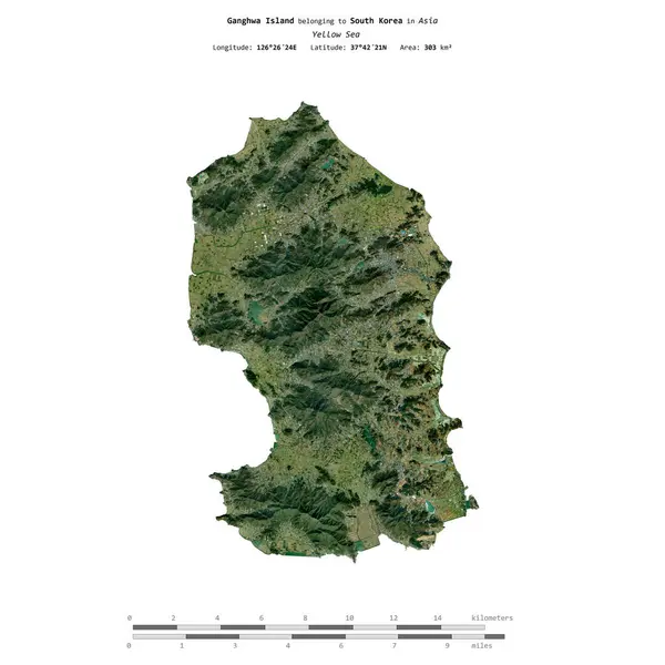 stock image Ganghwa Island in the Yellow Sea, belonging to South Korea, isolated on a satellite image taken in June 16, 2023, with distance scale