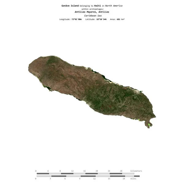 stock image Gonave Island in the Caribbean Sea, belonging to Haiti, isolated on a satellite image taken in January 9, 2020, with distance scale