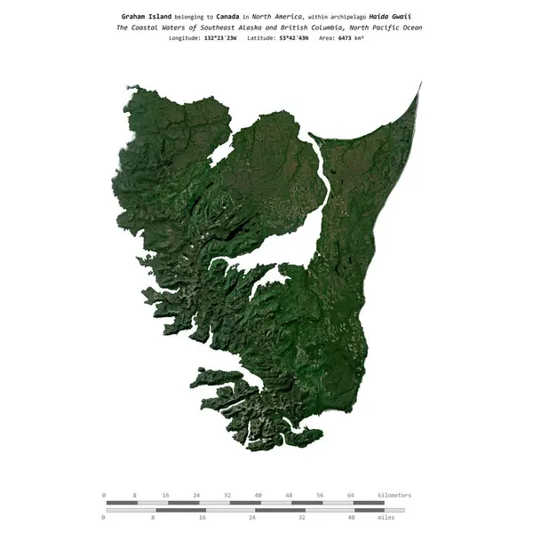 stock image Graham Island in the North Pacific Ocean, belonging to Canada, isolated on a satellite image taken in October 24, 2023, with distance scale