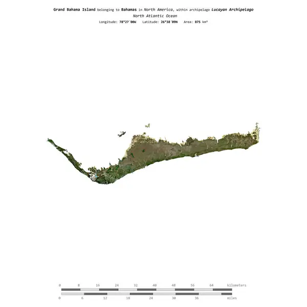 stock image Grand Bahama Island in the North Atlantic Ocean, belonging to Bahamas, isolated on a satellite image taken in March 20, 2024, with distance scale