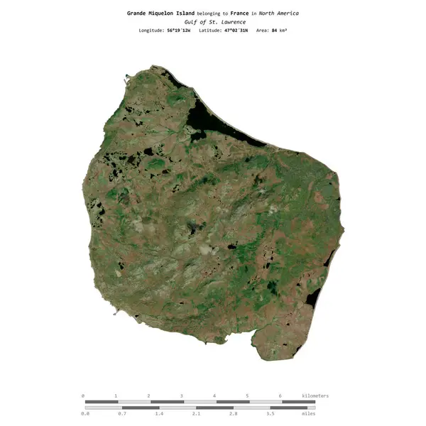 stock image Grande Miquelon Island in the Gulf of St. Lawrence, belonging to France, isolated on a satellite image taken in August 3, 2019, with distance scale