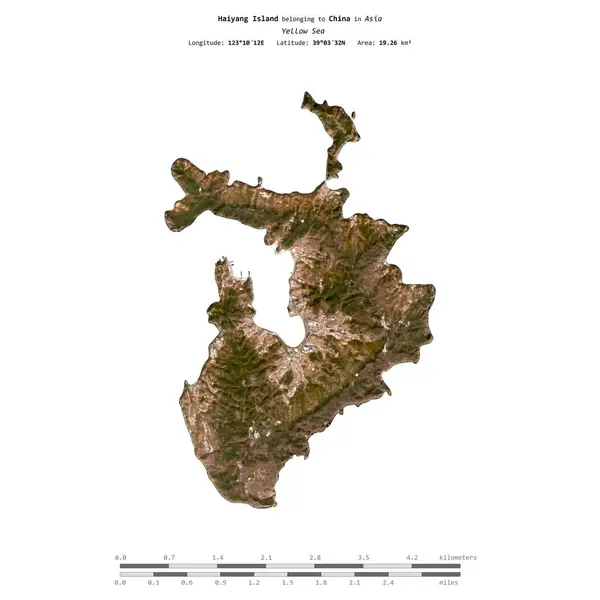 stock image Haiyang Island in the Yellow Sea, belonging to China, isolated on a satellite image taken in January 18, 2023, with distance scale