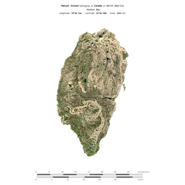 stock image Mansel Island in the Hudson Bay, belonging to Canada, isolated on a satellite image taken in July 29, 2020, with distance scale