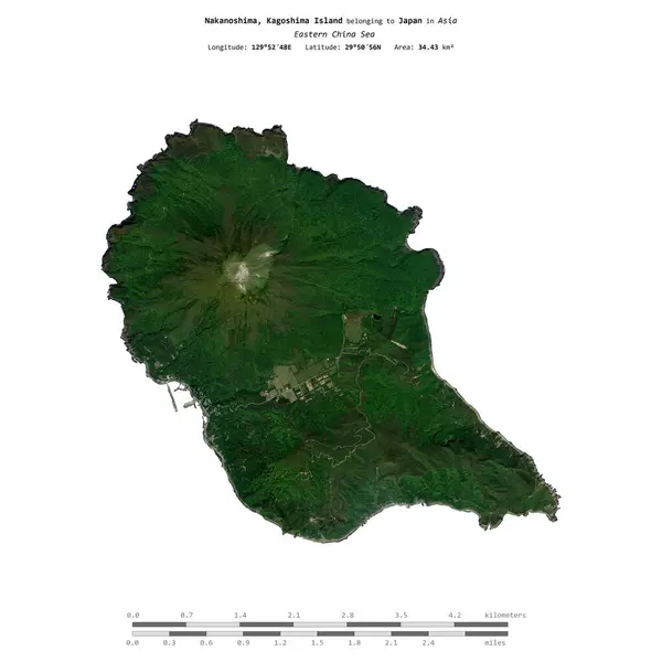 stock image Nakanoshima, Kagoshima Island in the Eastern China Sea, belonging to Japan, isolated on a satellite image taken in November 17, 2021, with distance scale