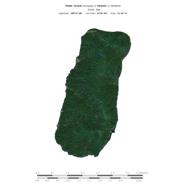 Paama Island in the Coral Sea, belonging to Vanuatu, isolated on a satellite image taken in July 17, 2021, with distance scale clipart