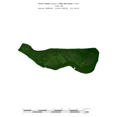 Mercan Denizi 'ndeki Purutu Adası, Papua Yeni Gine' ye ait. 18 Şubat 2021 'de çekilmiş uydu görüntüsüyle izole edilmiş.