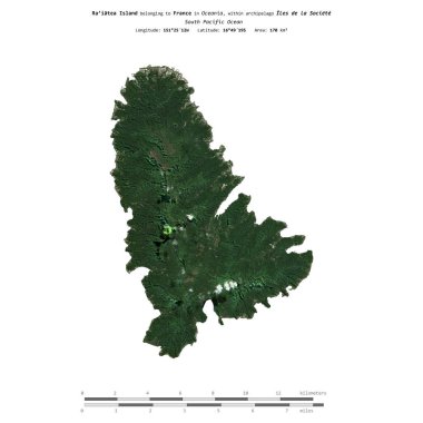 Raiatea Island in the South Pacific Ocean, belonging to France, isolated on a satellite image taken in June 9, 2023, with distance scale clipart