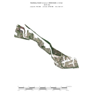 Rozenburg Island in the North Sea, belonging to Netherlands, isolated on a satellite image taken in September 7, 2023, with distance scale clipart