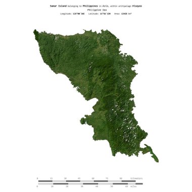 Samar Island in the Philippine Sea, belonging to Philippines, isolated on a satellite image taken in April 16, 2012, with distance scale clipart