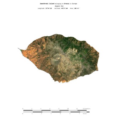 Samothraki Island in the Aegean Sea, belonging to Greece, isolated on a satellite image taken in July 14, 2023, with distance scale clipart