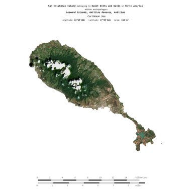 San Cristobal Island in the Caribbean Sea, belonging to Saint Kitts and Nevis, isolated on a satellite image taken in February 25, 2021, with distance scale clipart