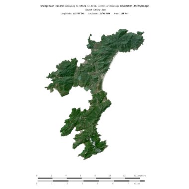 Shangchuan Island in the South China Sea, belonging to China, isolated on a satellite image taken in October 12, 2019, with distance scale clipart