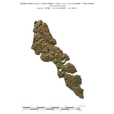 Streymoy Island in the North Atlantic Ocean, belonging to Faroe Islands, isolated on a satellite image taken in June 23, 2018, with distance scale clipart