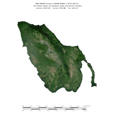 Swan Island in the The Coastal Waters of Southeast Alaska and British Columbia, belonging to United States, isolated on a satellite image taken in August 31, 2021, with distance scale clipart